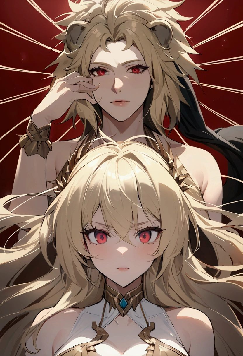 (Huang Li、high quality、Extremely detailed),Constellation - Goddess Leo,Giant lion,Woman petting a lion,Similar to Latin goodness,brave,capricious,Productivity,The face of enterprising and humanitarianism,Blonde Hair,Ancient Greek costumes、Wrap Dress,The background is the ocean,Crystal red eyes(Eyes Details),Powerful appearance