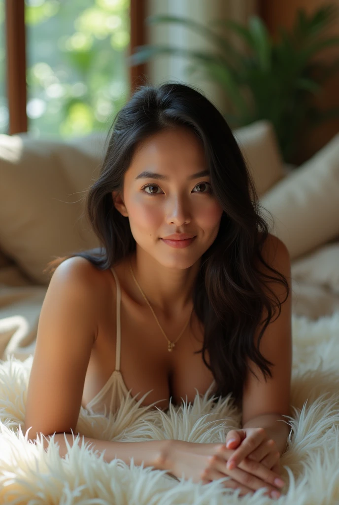 a beautiful (40yearsold) malay girl , natural big breasts, wear knitted tanktop, and short, spread her leg on fluffy rug in the livingroom, horny and seductive expreesion, look at the viewer, natural light, realistic photography, wide angle shot, detailed facial features, photorealistic, high quality, 8k, masterpiece