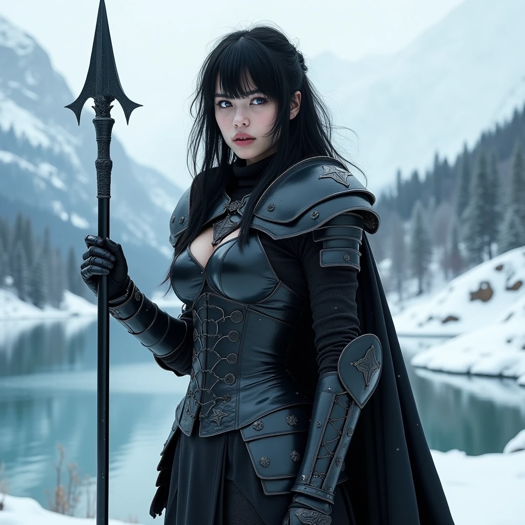 A pale beautiful young woman in her late 20s large , slender and stunning body, raven hair, messy hair, Deep blue eyes, Clad in full plated black armour, holding a black glive, near a serene lake on a snowy mountain Masterpiece, Anatomically Correct, Best Quality, Accurate, High Resolution, High Details, UHD, Large breasts, Short Hair, Black Hair, Hair Between Eyes, Shiny Hair, Wavy Hair, stunningly beautiful like a goddess and pale ghostly white, Short hairAnime Style, Artistic, OP Art, Realism, 3D Rendering,