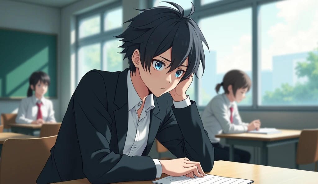 A medium shot anime-style of a male character with natural slightly messy and tousled hair, similar to the main character of the anime 'Hyōka'. He is dressed in a Japan-style school uniform "He wears a black blazer and a white shirt as part of his school uniform. He is sitting in a school classroom at a table by the window side. His one hand is on his cheek and His face is expression disinterested. The background is filled with other students. With sleepy eyes , he is 1 , He weighs 50 kilograms
"And he is sitting on a bench like a window, with his classroom on the 3rd floor."
"And he always maintains a disinterested and lazy expression."