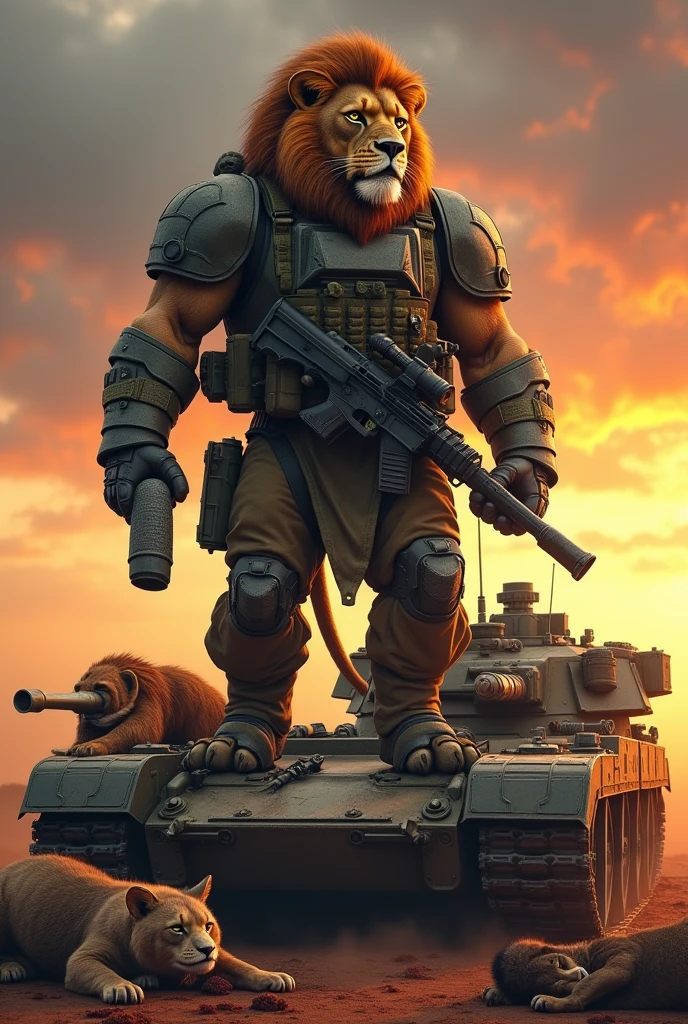 military tanker lion with a beautiful serious look stands proudly with a weapon, grenade, body armor, Helmet, there are wounded animals near him during the war, It's sunset,sitting on a tank