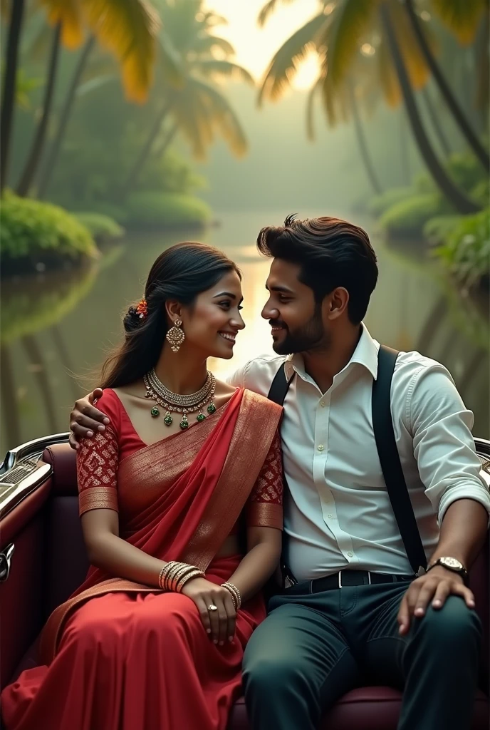Kerala cute couple inside benz car, girl in red saree