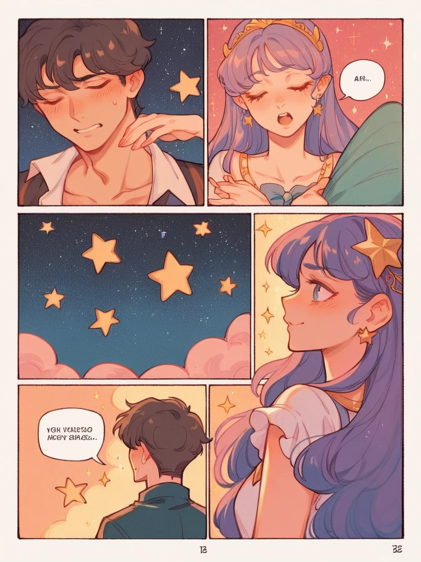 score_9, score_8_up, score_7_up, score_6_up, p4n3ls, 1girl, 1boy, stars, long hair, panels, (8k, best quality, master piece: 1.2),super high resolution,A page of a soft pastel colored comic book divided into frames、A princess falls in love with a demon、speech bubble、Powerful girl manga style