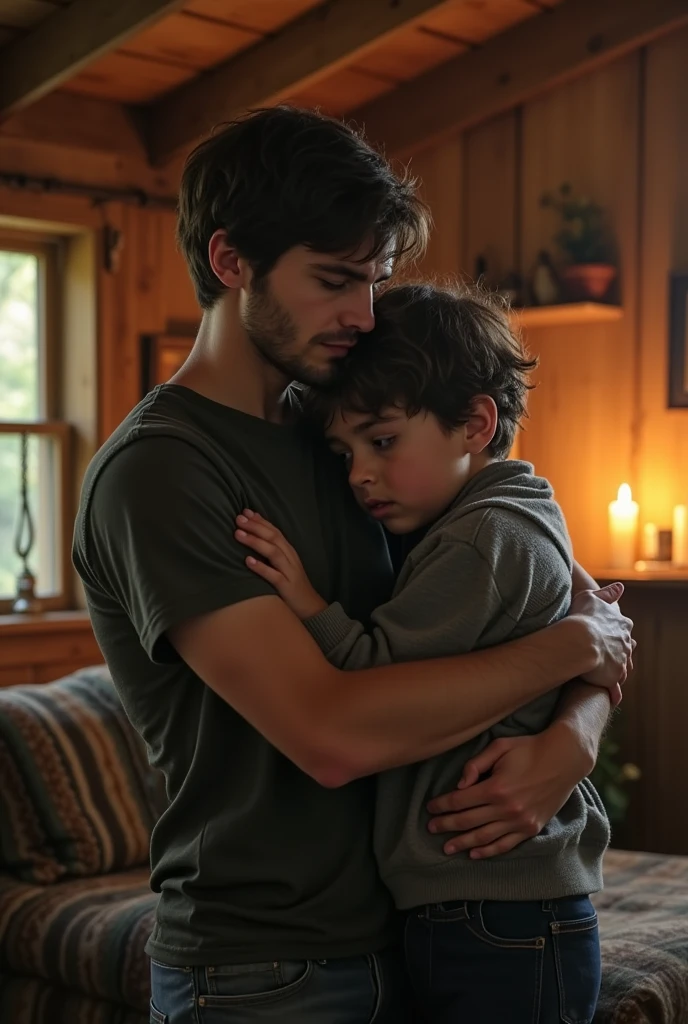 Young Man hugging a werewolf child boy with tanned skin in a cottage in 90's dark fantasy film style very angsty