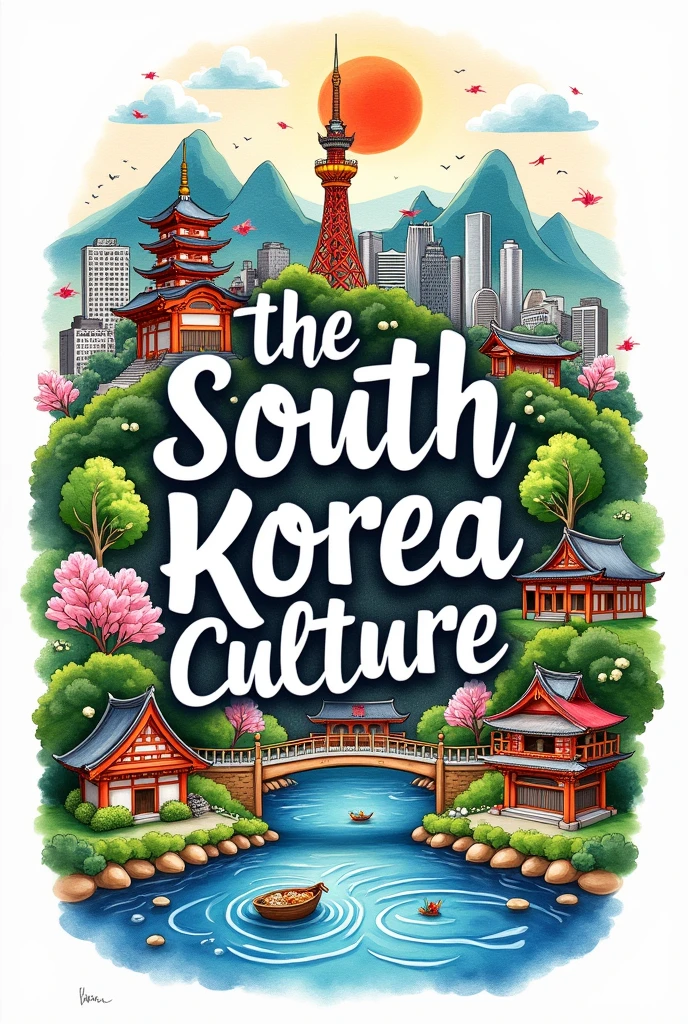 A vibrant watercolor illustration painting of handwritten typography artwork showcasing South Korean culture, featuring names like k-drama, k-food (kimchi, ramen), Namsan Tower, Busan, Seoul, subway, traditional culture (hanbok), Korean fashion, k-beauty, skincare, and playful doodles with South Korean culture and spring trees Han river.