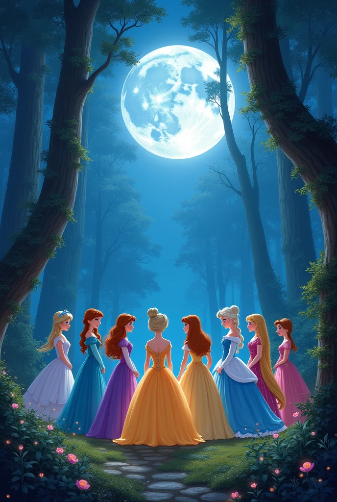 Full moon night,in the forest,Disney Princesses,Anna,Elsa,Bell,Ariel,Cinderella,snow white,Aurora,Rapunzel,Jasmine in a circle,