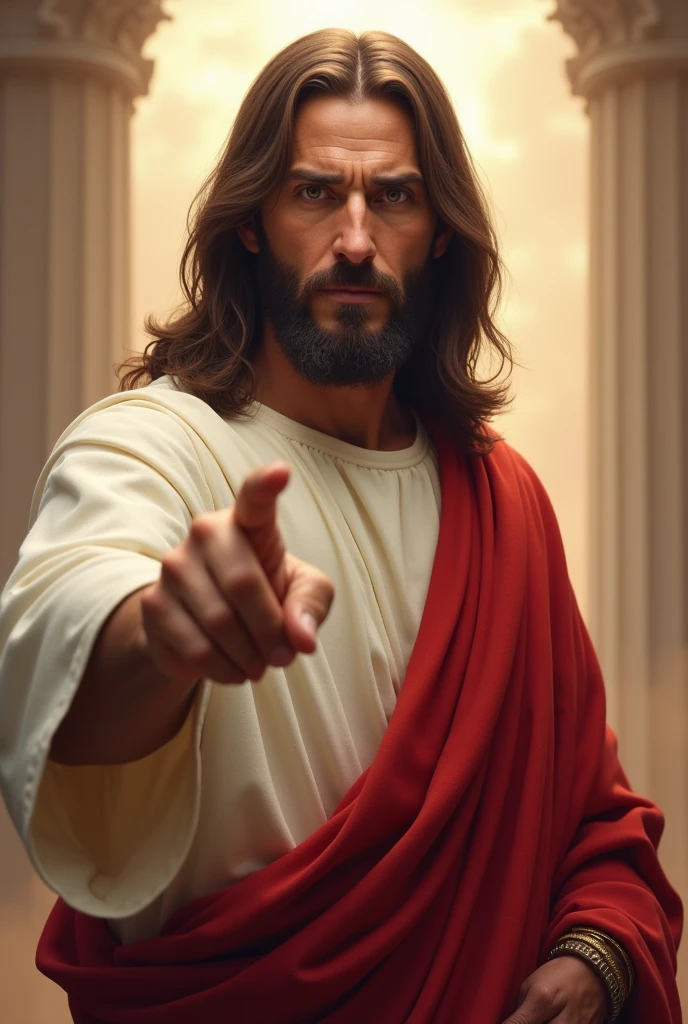 Jesus Christ is standing and directly facing the camera, pointing his right index finger towards it. He has a compassionate and intense gaze, making direct eye contact with the viewer. He is wearing a flowing white robe with a red sash, symbolizing his traditional biblical attire. His long, dark brown hair frames his kind, yet serious face. The background is ethereal, with a soft, glowing light that highlights his divine presence. The overall atmosphere is calm, yet powerful, as Jesus reaches out towards the viewer, his expression a mix of love, guidance, and authority