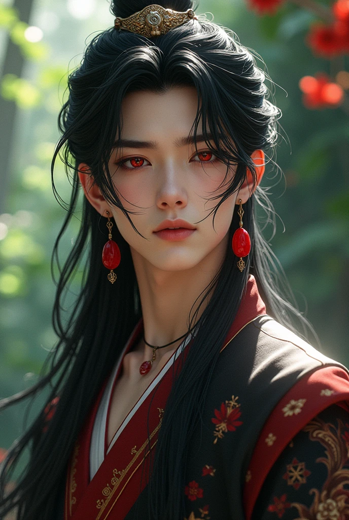 Make a handsome guy that have long black jet hair and red ruby beautiful eyes and have ared long earings. Give him a half body with a clothed from murim and have a garden background and give him a milky skin