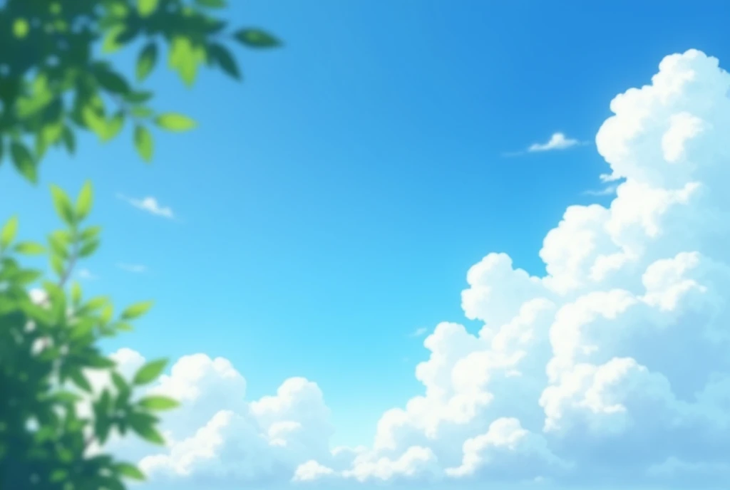 High Resolution, Masterpiece, Accurate, Best Quality, Detail, HD, High Details, High Quality, Realistic photo. The image is a photograph of a cloudy sky. The sky is a deep blue color and the clouds are white and fluffy. The clouds are arranged in a way that they are overlapping each other, creating a sense of depth and dimension. The image is taken from a low angle, looking up at the sky. On the left side of the image, there are some green leaves, which are visible in the foreground. The leaves are slightly blurred, giving the image a dreamy, ethereal quality. The overall mood of the photograph is peaceful and serene.