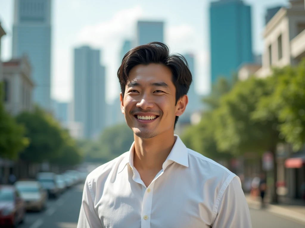 Japanese,25-30 years old, Handsome and elegant, Wear a shirt , Masculine and handsome, the weather is summer,(Super detailed, Realistic, best quality, 4K, 8k, High resolution, masterpiece:1.3)The background is Bangkok, Thailand,happy