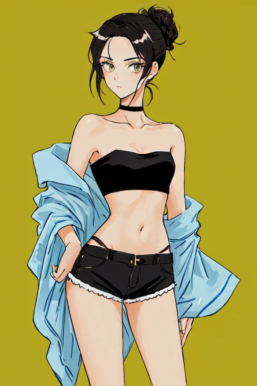 Hot girl with her hair tied up in a messy bun, two strands of hair down the front, curvy, slim, medium breasts, bold, off shoulder crop top, strapless, lacy black choker, jade hairpin, small shorts, anime style