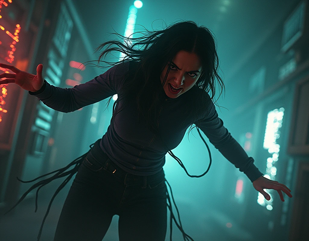 Aranuch in a desperate and frantic attempt to disconnect from the BioNet. The scene is filled with intense, flashing lights and erratic data streams. Aranuch’s expression is one of panic and desperation as she struggles to pull away from the system. The background is a chaotic mix of digital distortions and dark shadows."