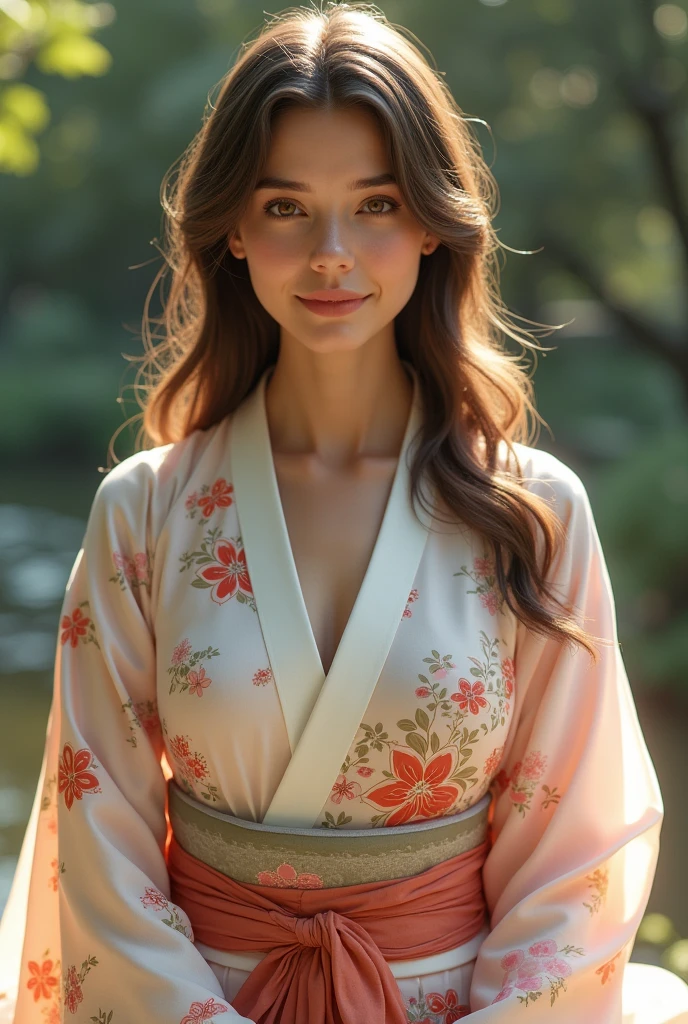 A 20-year-old girl, caucasian, brunette skin tone, athletic, with light hazel eyes, straight brown hair, dressed in traditional Japanese yukata.