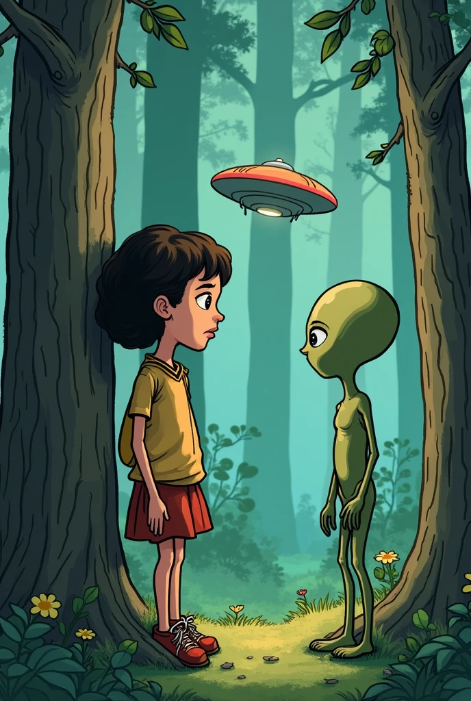 A ager girl speaking with an alien in a forestry area with greenish and blue is ambience of light they are standing and a distance the Girish surprised in a cartoonist and sketches style like illustrations of Ruskin bond's book make the heights somewhat same and not too cartoonish make it a little sketchy make distance between them more sketchy and acrahed ufo in background make it TEEN GIRL NOT A BABY remove UFO and now the girl is hiding behind at tree