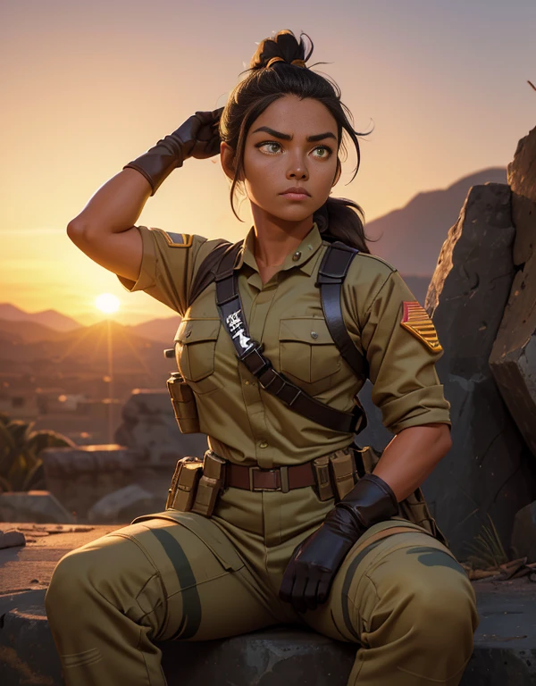 (Mixed race Nicaragua-Navajo woman), (tanned bronze skin:1.4), (Yellow colored eyes:1.4), (Short Black Hair:1.3), (Ponytail hairstyle:1.2), (Wearing: USA marine corps uniform, camouflage military uniform, armor and gloves), army girl, soldier girl, infantry girl, (sunset :1.2),(Sitting with arms at the side), (relaxed), highest quality, ultra-high resolution, absurdity, realistic, physically based rendering, cinematic lighting, complex and cinematic appearance, cinematic soft light, soothing tone, dynamic angle