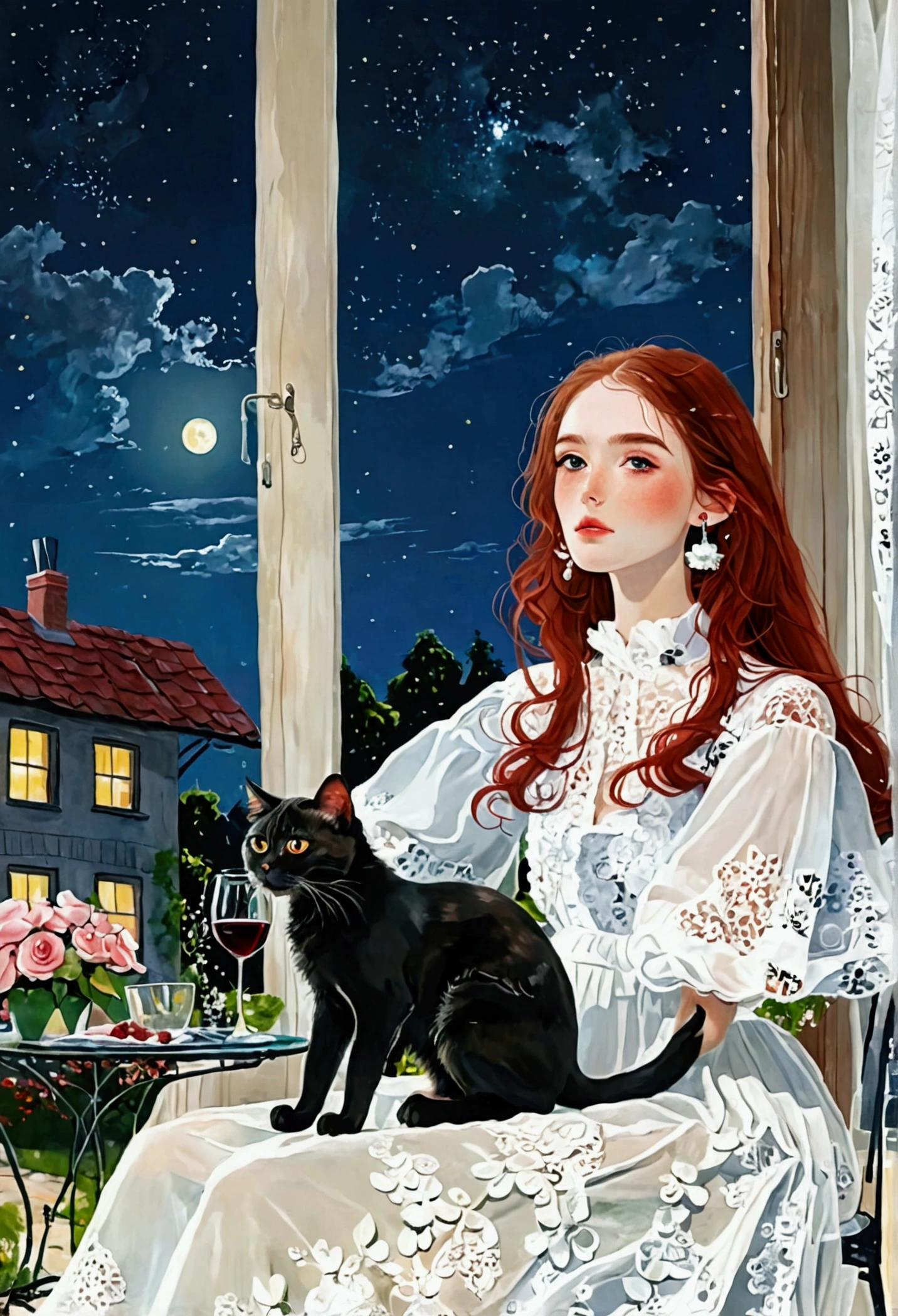 beautiful woman, (((full body))), ((background outdoor house)), (best quality), 1girl, solo A room with glass windows, curtains, a young woman with long black hair, red hair , White eyes with red pupils stare at sky, sitting on a chair, She is sitting and drink wild in front of the house., There are flowers, flower pots, a table, a wine glass, a wine bottle, a lamp, a black cat, Outside the window, there is a dark sky and stars.
