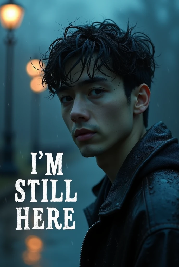 Design a compelling thumbnail for the song 'I’m Still Here.' The thumbnail should focus on a close-up of a young man standing in the rain, with a somber, reflective expression. The background should be softly blurred, hinting at a rainy, dimly lit street or park at dusk, with street lamps casting a faint glow. Raindrops should be visible, adding a tear-like effect on the man's face. The title 'I’m Still Here' should be in bold, white, slightly distressed text, positioned prominently to catch the viewer's eye. The overall color scheme should be cool and muted, featuring blues and grays to evoke emotions of sadness and longing, making it an inviting and emotionally resonant thumbnail."