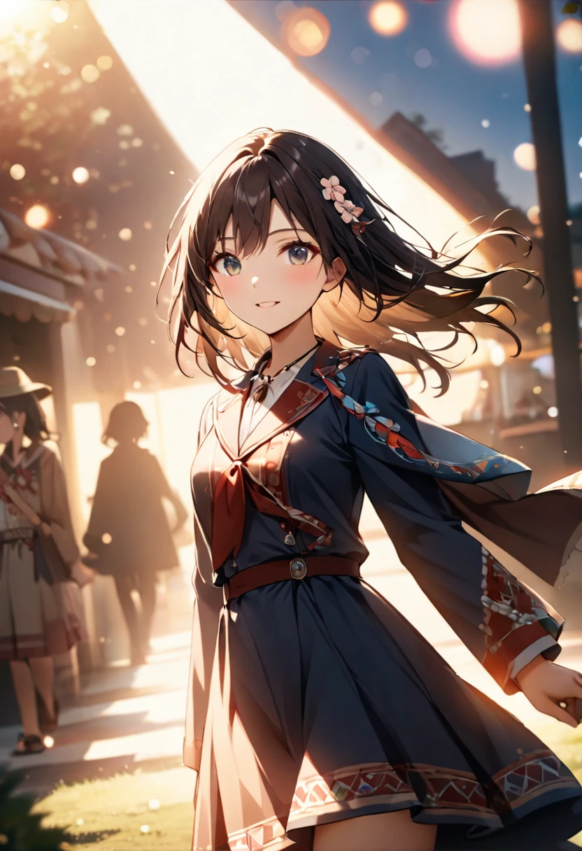 {{Highest quality}},Delicate illustration,Detailed depiction, masterpiece, Boho Eye Hinai Girl, Playful Themes, {{{Group of 2}}}、{{{Two girls}}}、High school girls、Raw photo of a girl in uniform。Decorative details and symbols are often used。, Brown hair gently fluttering in the wind,Clear blue eyes、A gentle smile、Raw photo of a girl in uniform。Decorative details and symbols are often used。, Black hair gently fluttering in the wind,Clear red eyes、A gentle smile、 Long-distance shots, High Key Light, Hard Shadows, Soft bokeh, Professional photography, A balanced deal, Balanced Exposure,