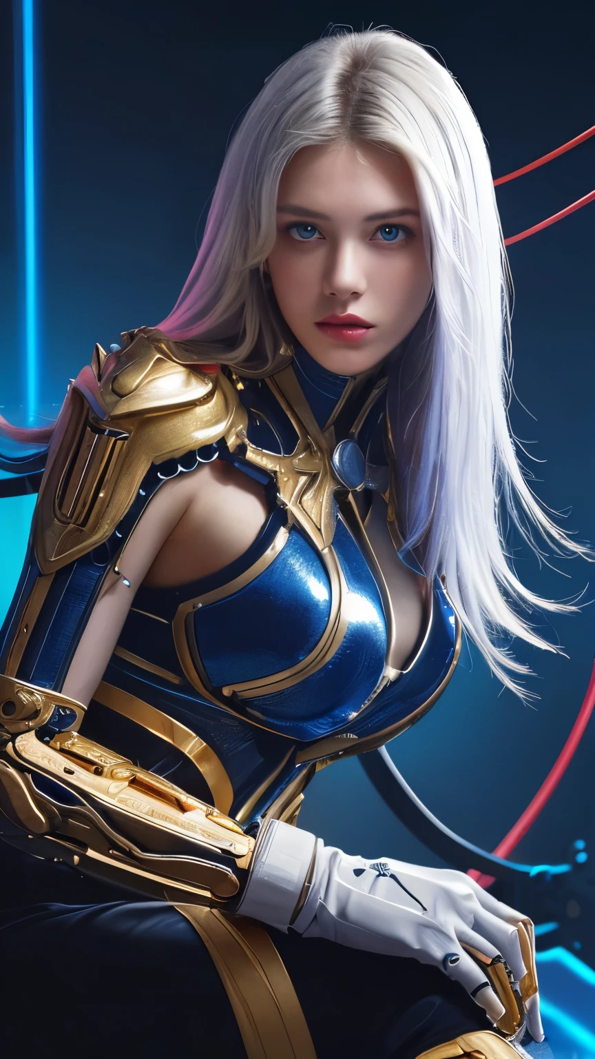 1mechanical girl,((ultra realistic details)), portrait, global illumination, shadows, octane render, 8k, ultra sharp,metal,intricate, ornaments detailed, cold colors, egypician detail, highly intricate details, realistic light, trending on cgsociety, neon details, machanical limbs,blood vessels connected to tubes,mechanical vertebra attaching to back,mechanical cervial attaching to neck,sitting,wires and cables connecting to head, A digital illustration of a young woman with long white hair and blue eyes, wearing a futuristic-looking outfit combining white, red, and gold colors. The outfit consists of mechanical components like gears, wires, and machinery. She holds a large sword in her right hand, exuding determination. The background is a blend of blue, pink, white, and red, creating a chaotic and dynamic atmosphere. The lighting adds to the intense and powerful mood of the scene.