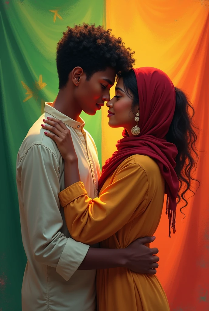 Somali boy and somali girl kissing and touching her ass with background blue somali flag