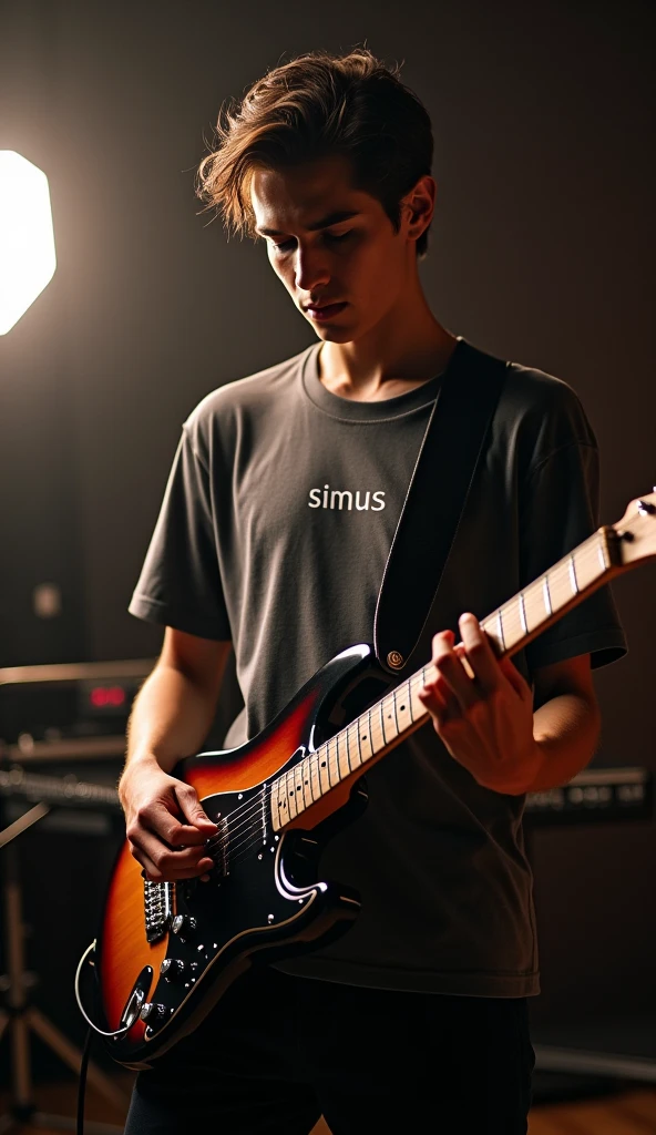 a young man wearing a t-shirt that reads 'SiMus', playing an electric guitar in a professional style, studio background, extremely detailed face, detailed eyes and lips, detailed guitar, dramatic lighting, cinematic composition, photorealistic, 8k, masterpiece, professional photography