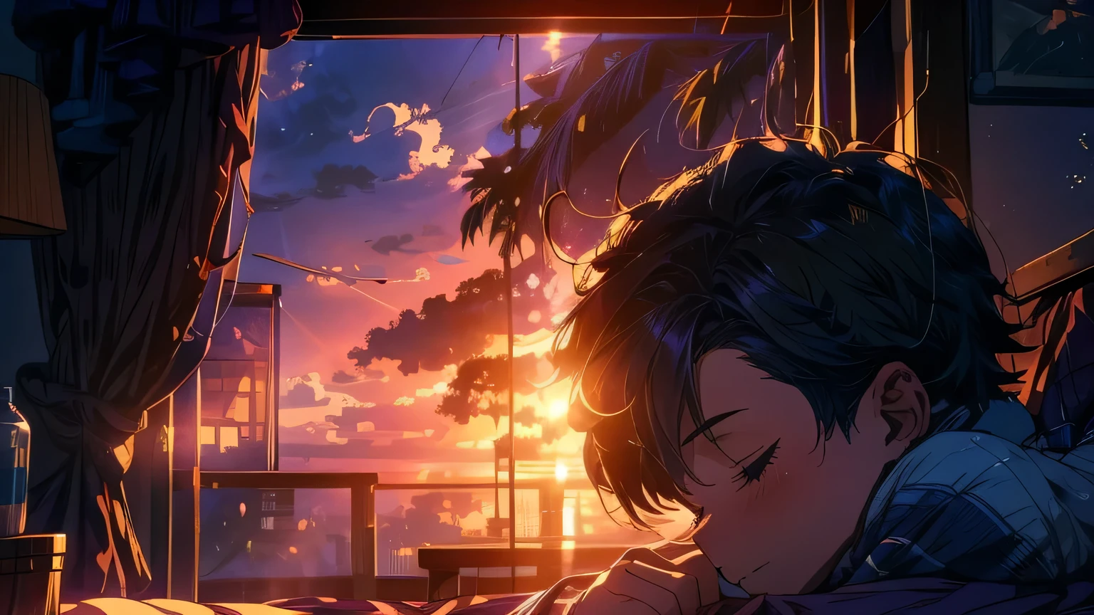 imagine A boy sleeping in his room on a bed with a headphone listening to lofi music looking out of the window with a mind relaxing view happy sunset warm rays purple light in the room highly detailed