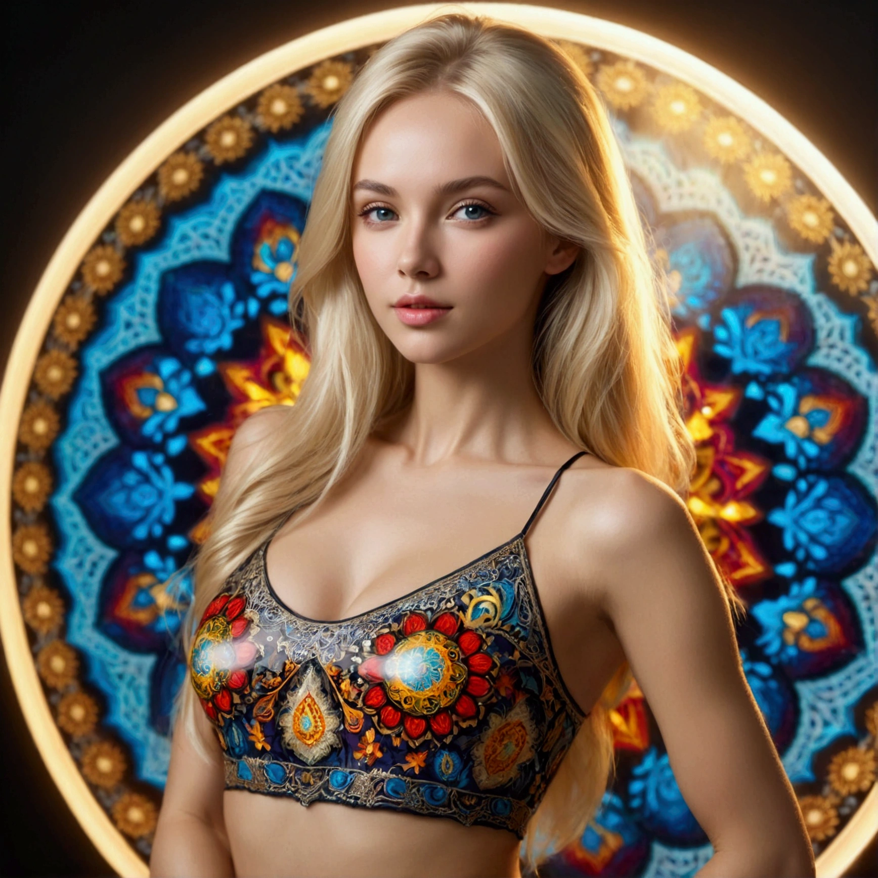 (photorealism:1.2), ((Sexy beautiful girl, cute, Russian beauty, 2, a thin fit body blonde)), ((Highest quality)), ((masterpiece)), (detailed), (masterpiece, best quality), (((Very detailed))), Race:1.8, Super intricate Race pattern, colorful Race pattern, Transparent body with colored glass background, Mandala, Light Up, cold, 1 female, photographed with a Canon EOS R5, 50mm lens, f/2.8, (8k) (cinematic lighting) (dramatic lighting) (complex) Open back,