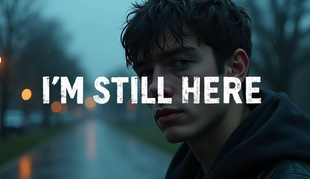 Design a compelling thumbnail for the song 'I’m Still Here.' The thumbnail should focus on a close-up of a young man standing in the rain, with a somber, reflective expression. The background should be softly blurred, hinting at a rainy, dimly lit street or park at dusk, with street lamps casting a faint glow. Raindrops should be visible, adding a tear-like effect on the man's face. The title 'I’m Still Here' should be in bold, white, slightly distressed text, positioned prominently to catch the viewer's eye. The overall color scheme should be cool and muted, featuring blues and grays to evoke emotions of sadness and longing, making it an inviting and emotionally resonant thumbnail."