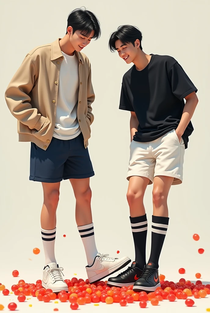 2 handsome asian male teenagers with tall and slim bodies. 1st wears a white shirt, beige cardigan, navy blue shorts, long white socks with 2 black stripes and air jordans. 2nd wears a black t shirt, white shorts, long black socks with 2 white stripes on it, and air jordans. They are stomping on some gummy candies with all their strength, destroying and flattening all the candies beneeth their feet
