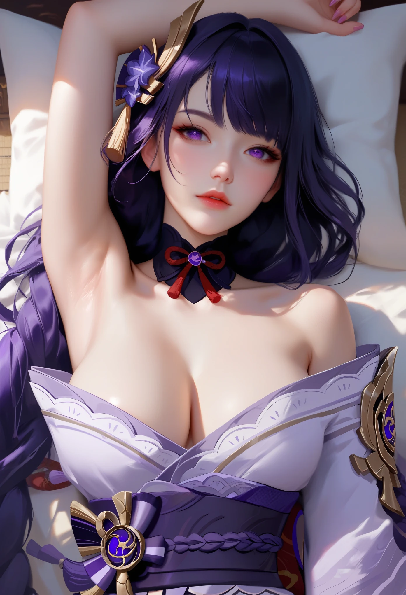 score_9, score_8_up, score_7_up, high quality ,masterpiece ,best quality ,Lying face up on the bed,In the bedroom,girl,Cute Face,,Poke out your lips, large breast ,Beautiful Skin,_Shogun_Genshin Impact, Purple long hair,hold out both hands to the viewer,Put your hands out in front of you