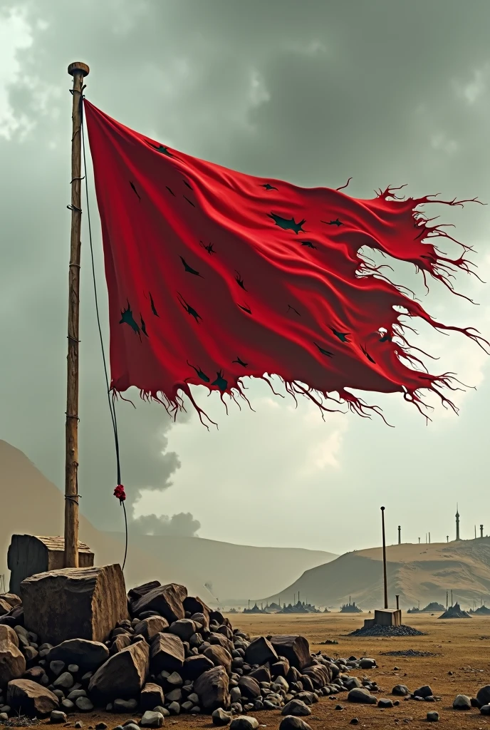 a red flag with a wooden pole flying down, the flag was on the battlefield that was over and the flag was damaged due to being hit by weapons and holes