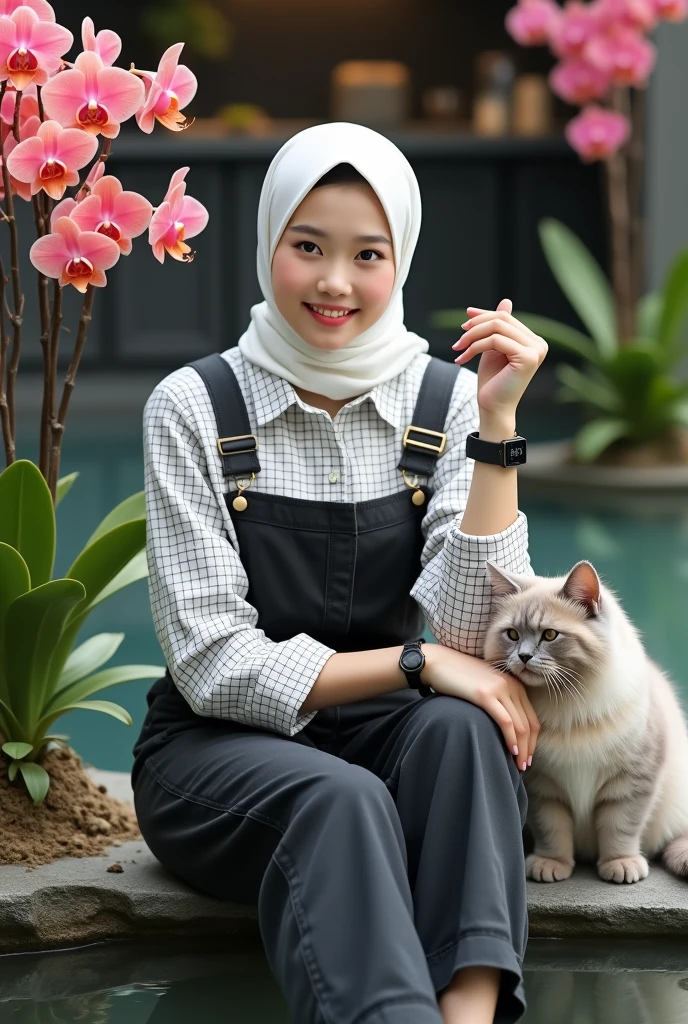 Beautiful Korean Women , smooth white skin, well-groomed face, white hijab .long plasma, baju kemeja putih kotak-kotak black,White shirt, santi logo jumpsuit jeans pants, black, jam tangan black, sitting posing with a slight smile, near the koi pond,in the pond there are many koi fish ,(hugging a large angora cat,) left-right pool, there are colorful orchid flowers,background shows the kitchen of a luxury home, Realistic original photo, 