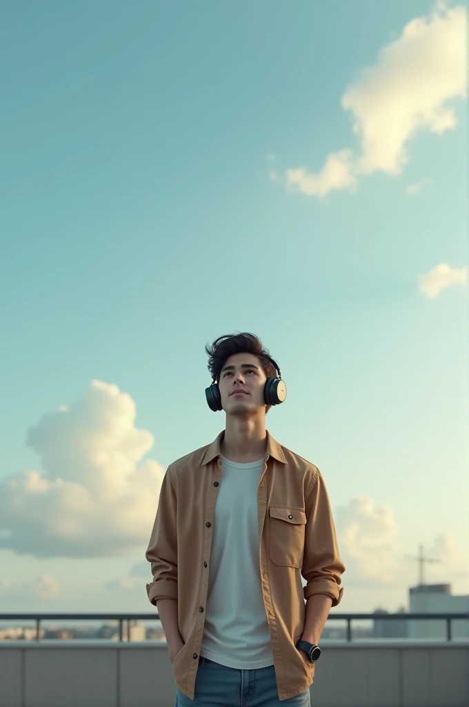 A 20 years old boy who is stand on terrace with listening music in headphones boy should wear casual dress and looking at sky in the sky a text with "RTK MISHRA" 3d realistic image 8k quality 