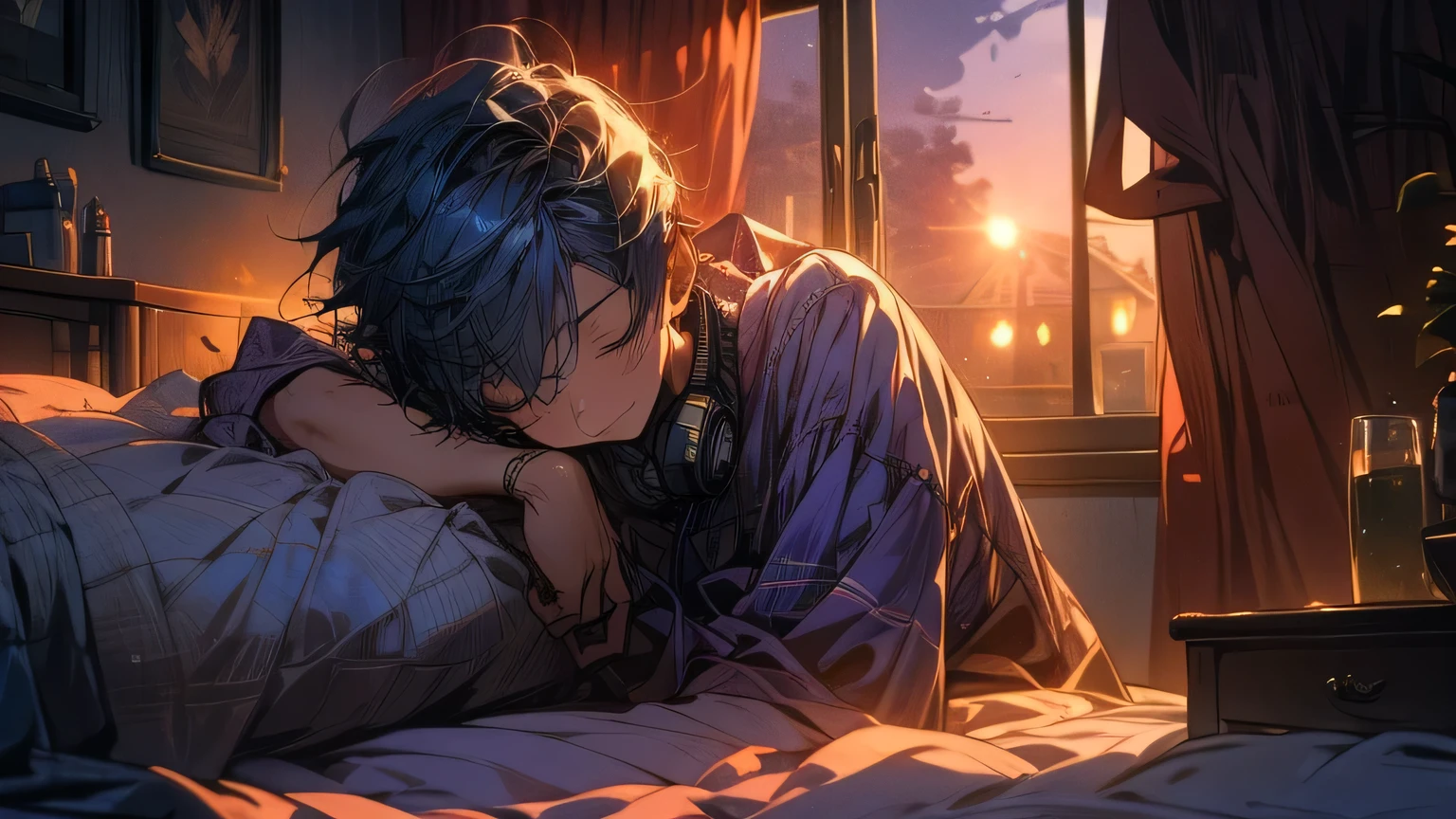 imagine A boy sleeping in his room on a bed with a headphone listening to lofi music looking out of the window with a mind relaxing view happy sunset warm rays purple light in the room highly detailed