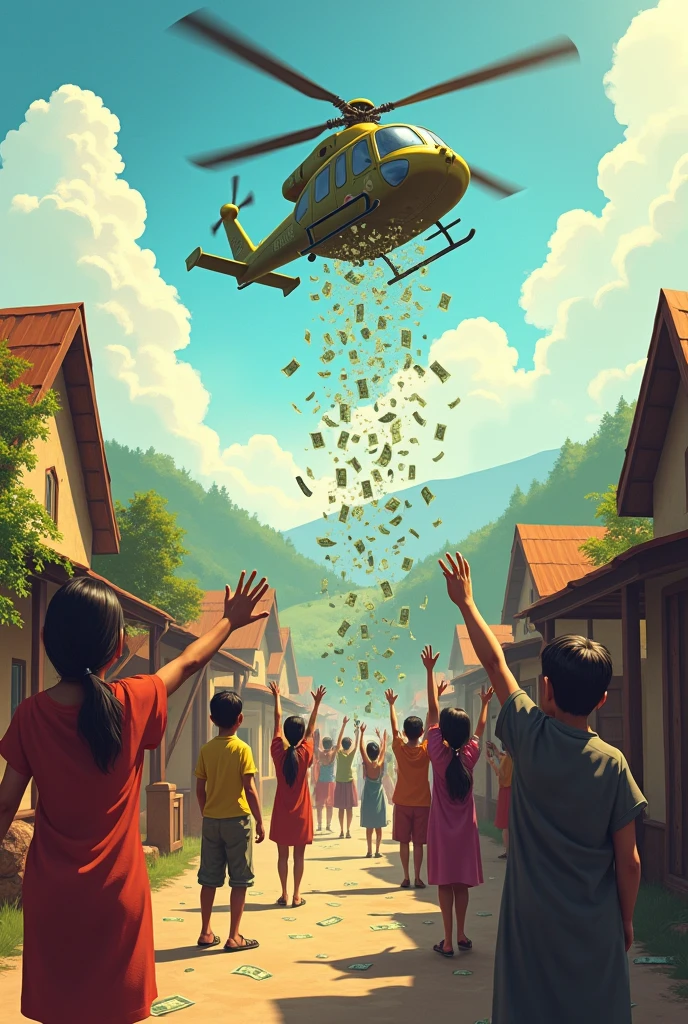 Money fall on helicopter in small village