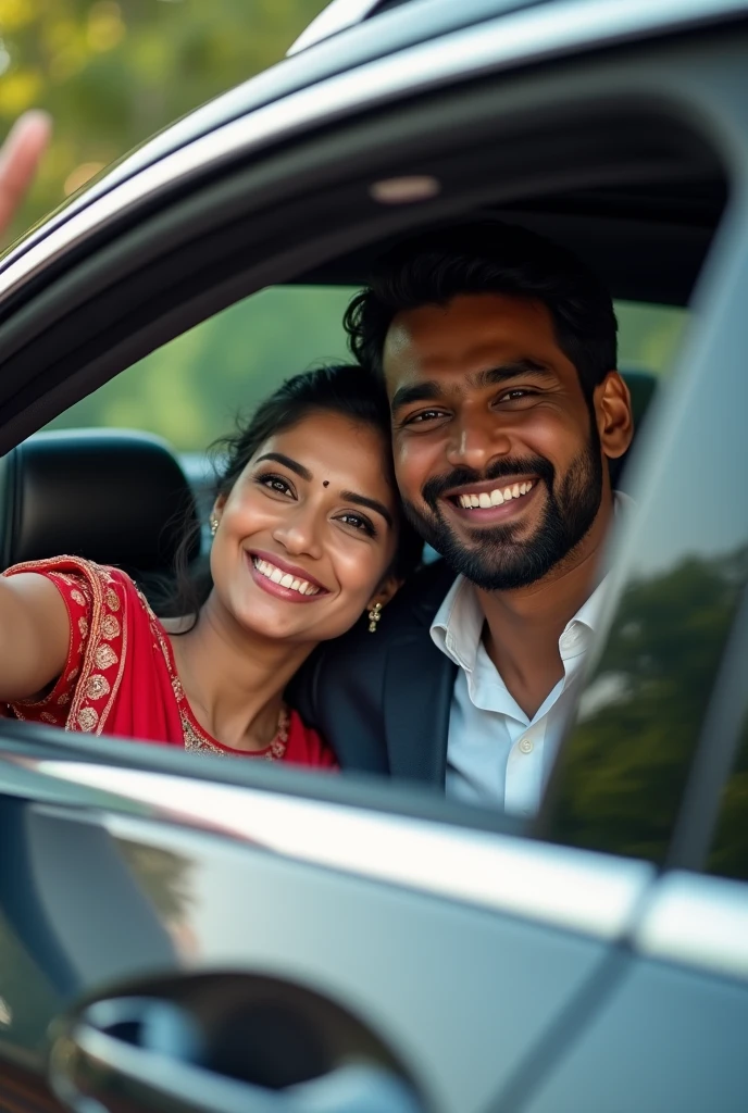 Kerala cute couple taking selfie inside mercedes benz car, girl in red saree