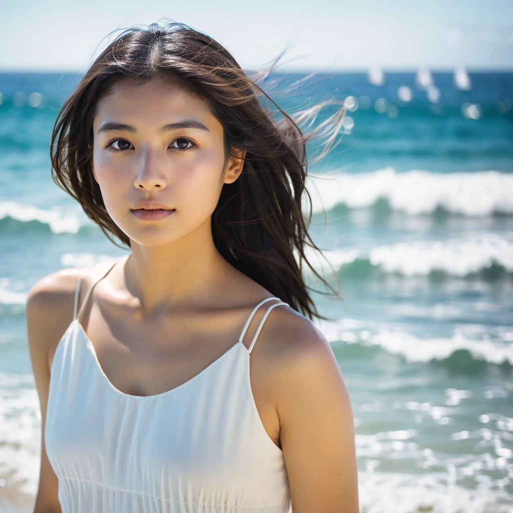 A hyper-realistic image of a single Japanese woman in her early 20s, captured with the nostalgic warmth and subtle graininess of a film camera, with the focus on her upper body from the shoulders up against a serene seaside backdrop. Her skin has a warm beige tone with a natural, slightly rough texture that includes visible pores, fine lines, and subtle imperfections such as small blemishes, adding to the authenticity of her appearance. The soft, diffused natural light reflects off the ocean waves, casting gentle, warm shadows across her face and shoulders, enhancing the film-like quality and creating a timeless, organic feel. Her straight, glossy black hair is slightly tousled by the ocean breeze, naturally framing her face, and her deep brown eyes reflect the soft light of the seaside, adding depth and emotion. The background subtly captures the peaceful ocean scenery with a glimpse of rolling waves and a faint horizon, blurred to maintain focus on her expression. The film camera effect introduces a slight grain and a softer focus, giving the image a warm, nostalgic atmosphere while maintaining the realistic texture of her skin. She is wearing a light, airy top that complements her natural beauty and the beach setting, with the overall composition designed to evoke a sense of genuine, understated elegance and connection with nature.