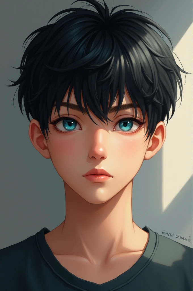 Portrait of a 1 male ager with black hair and blue eyes