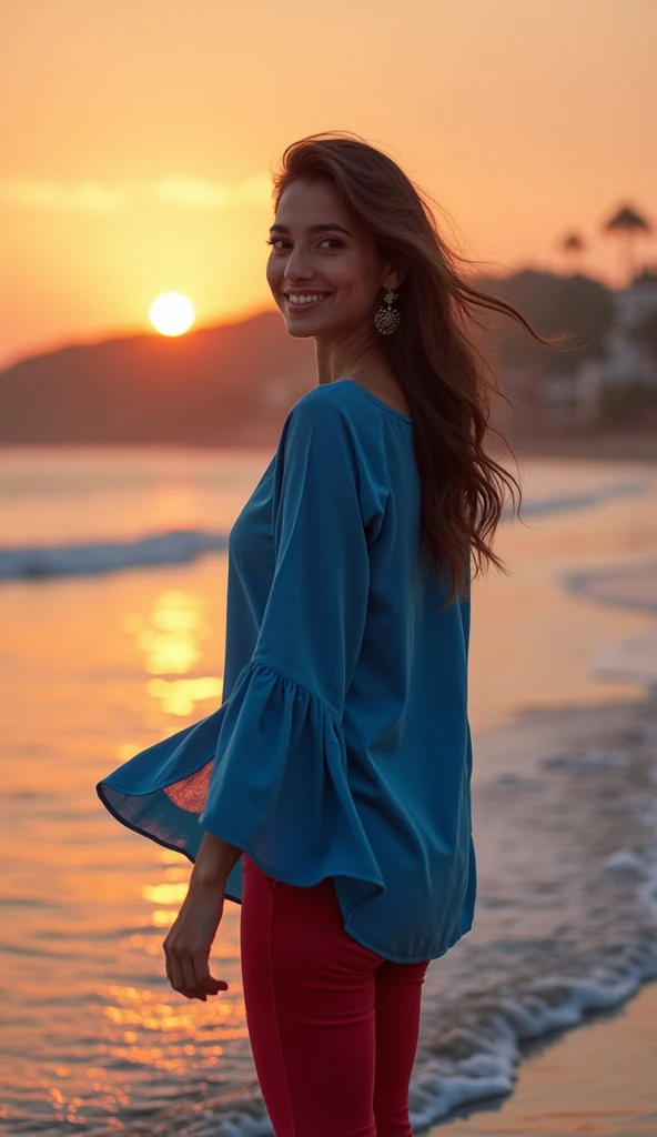 Amara stood at the edge of the beach, the cool breeze ruffling the edges of her vibrant blue cotton kurti. The fabric danced playfully around her as she struck a pose, her red leggings hugging her figure perfectly. With the sun setting behind her, the sky painted in hues of orange and pink, she couldn't help but admire her reflection in the gentle waves.
Known for her captivating presence as an influencer, Amara had always loved using nature as the backdrop for her social media posts. But today was different; she felt an inexplicable energy in the air, a kind of magic that blurred the line between reality and fantasy. She gazed down the shoreline, where a bonfire flickered, surrounded by a group of lively friends.
Her flirtatious smile was infectious, igniting the curiosity of passersby. Just as she was about to snap her next selfie, a stranger caught her eye—a tall figure with an easy-going charm that seemed to draw everyone in. With a sparkle in her eye and a confident strut, Amara decided to approach him, ready to turn what might have been just another photo opportunity into an unforgettable connection.
As the waves crashed softly behind them, Amara and the stranger exchanged playful banter under the twinkling stars, the beach transforming into a realm of possibilities. Little did she know, this encounter would change not just her evening, but the course of her journey as an influencer, leading her to explore deeper connections and unexpected adventures in her life.