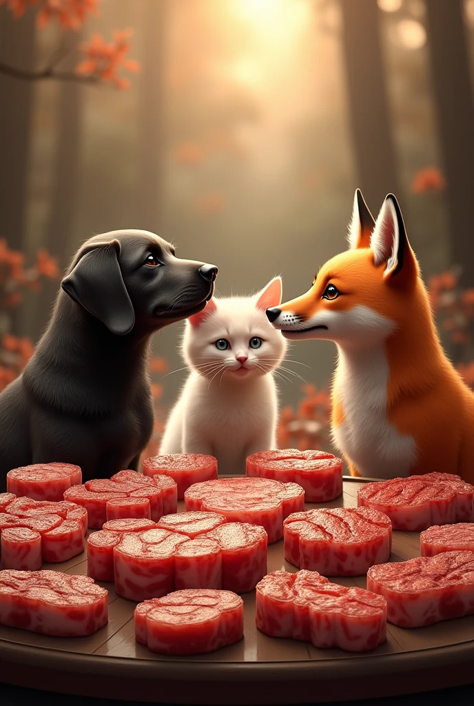 masterpiece、 Highest quality, Highly detailed、8k、 High resolution, Surrounded by grilled meat、With dog、Cat and、fox、