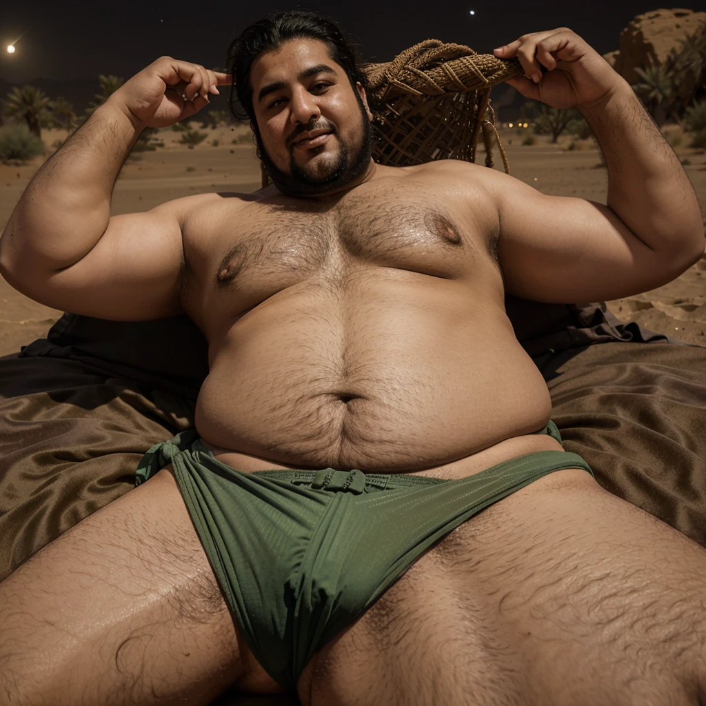 Fat Saudi man 5 he is big belly lying in the desert at night in underwear