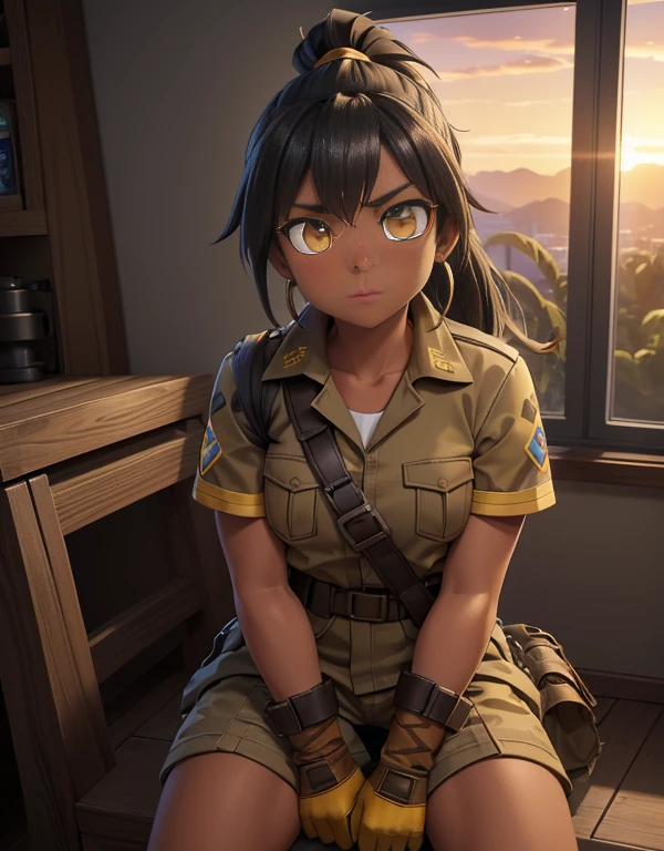 (Mixed race Nicaragua-Navajo woman), (tanned bronze skin:1.4), (Yellow colored eyes:1.4), (Short Black Hair:1.3), (Ponytail hairstyle:1.2), (Wearing: USA marine corps uniform, camouflage military uniform, armor and gloves), army girl, soldier girl, infantry girl, (sunset :1.2),(Sitting with arms at the side), (relaxed), highest quality, ultra-high resolution, absurdity, realistic, physically based rendering, cinematic lighting, complex and cinematic appearance, cinematic soft light, soothing tone, dynamic angle