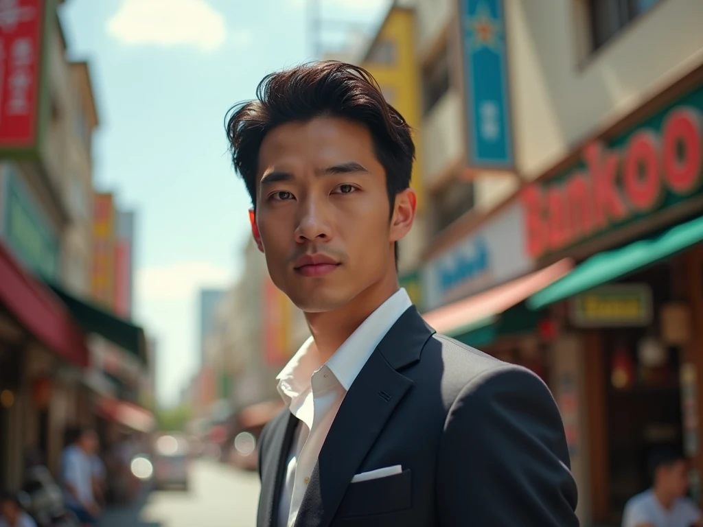 Japanese,25-30 years old, Handsome and elegant wood , Masculine and handsome, the weather is summer,(Super detailed, Realistic, best quality, 4K, 8k, High resolution, masterpiece:1.3)The background is Bangkok, Thailand,happy