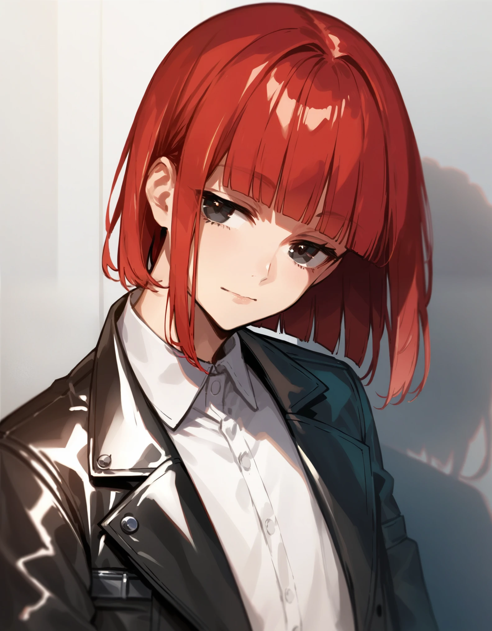 score_9, score_8_up, score_7_up, masterpiece, ultra-detailed, Shiny skin, pretty eyes, 1boy, solo, Adult, red hair, Medium hair, hime cut, half closed eyes, Black Eyes, Black leather jacket, Inner White shirt, slacks ,