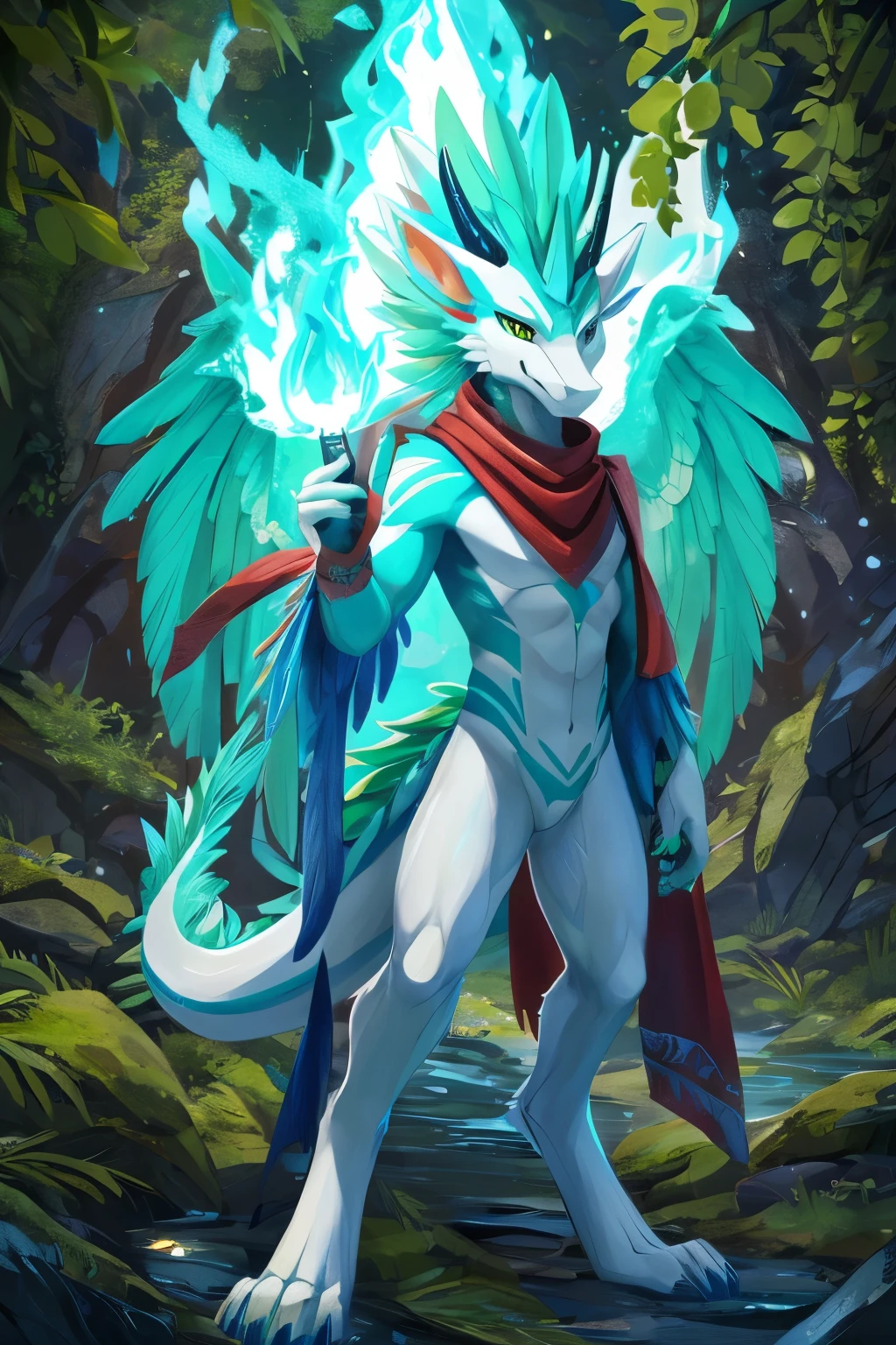 (anime), (front facing), (looking at the camera), slim furry white dragon using fire magic, blue secondary body color, (cyan, green and lime complimentary colors), spikes, very long muzzle, neck and tail fur, digitigrade, creative horns, feathers, dark gradient, (wearing only a scarf), (body markings), nature background, full body