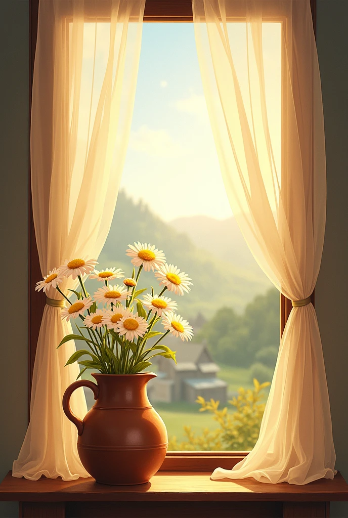 Early morning in the village view through the open window , On the windowsill there is a clay jug with daisies and bells, a transparent curtain, the first rays of the sun pass through it