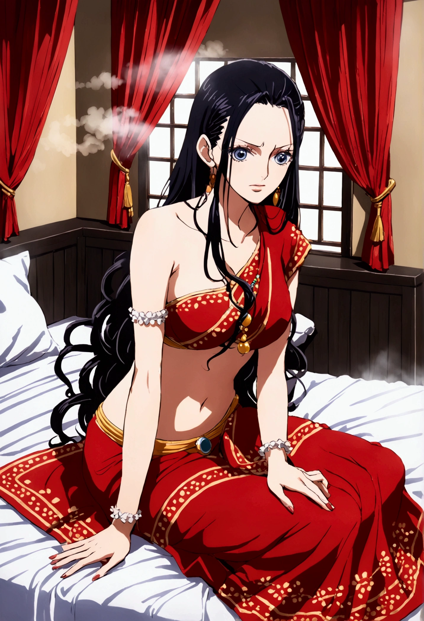 Nico Robin from one piece, wearing red Indian saree , shoulder-length black hair styled in a classic hime cut , on a bed , romantic surrounding, Laying on the bed , photo session , blue eyes, black eyelids, sexy expressions , one adult mature women, human body structure , no ornaments, steam in room , sweating 