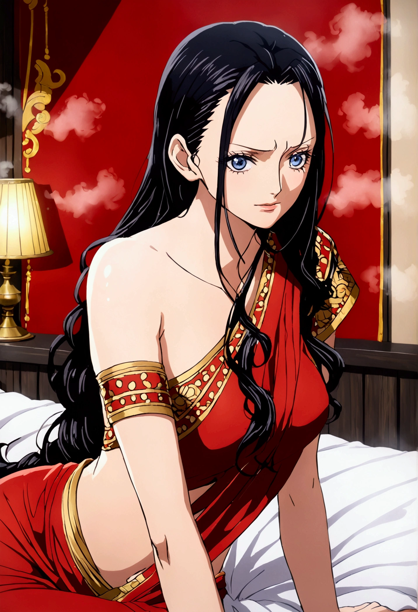 Nico Robin from one piece, wearing red Indian saree , shoulder-length black hair styled in a classic hime cut , on a bed , romantic surrounding, Laying on the bed , photo session , blue eyes, black eyelids, sexy expressions , one adult mature women, human body structure , no ornaments, steam in room , sweating 