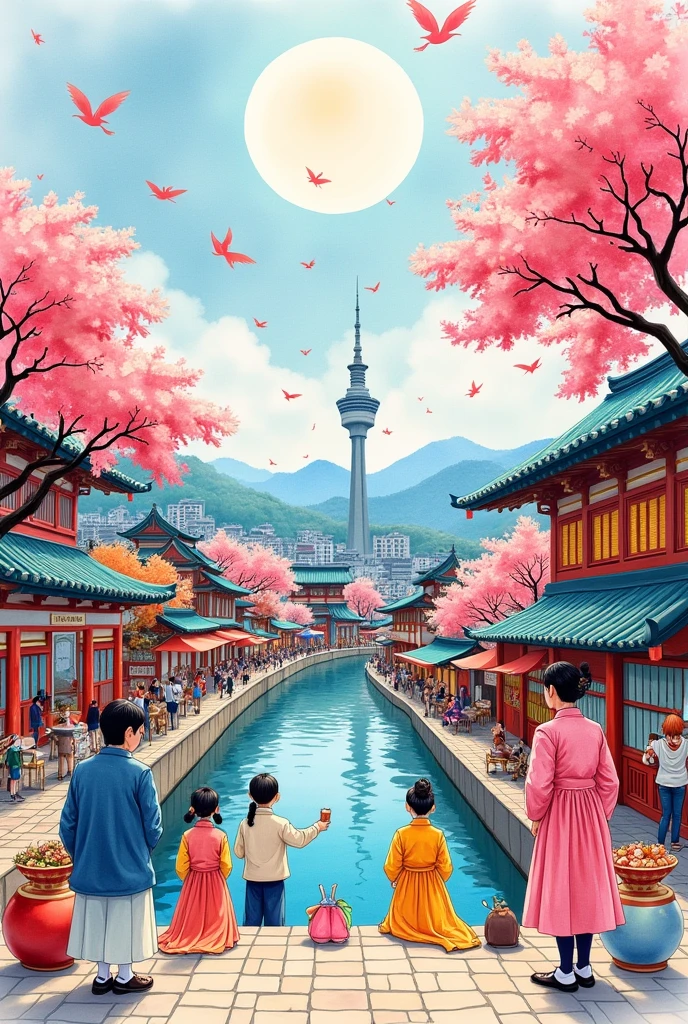 A vibrant watercolor illustration painting of handwritten typography artwork showcasing South Korean culture, k-drama, k-food (kimchi, ramen), Namsan Tower, Busan, Seoul, subway, traditional culture (hanbok), Korean fashion, k-beauty, skincare, and playful doodles with South Korean culture and spring trees Han river.