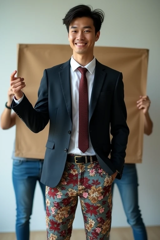 Ảnh hồ sơ của nam sinh viên Việt Nam đang nhìn thẳng vào màn hình. Above wearing a neat suit and tie, below wearing sloppy floral pants., wrinkled. The pants look old.. Behind him are two friends holding a makeshift backdrop to help him take a photo.. Photo taken from the guy&#39;s knee up. Chàng trai cười nhăn nhở, spread one hand out toward the lens as if inviting. 